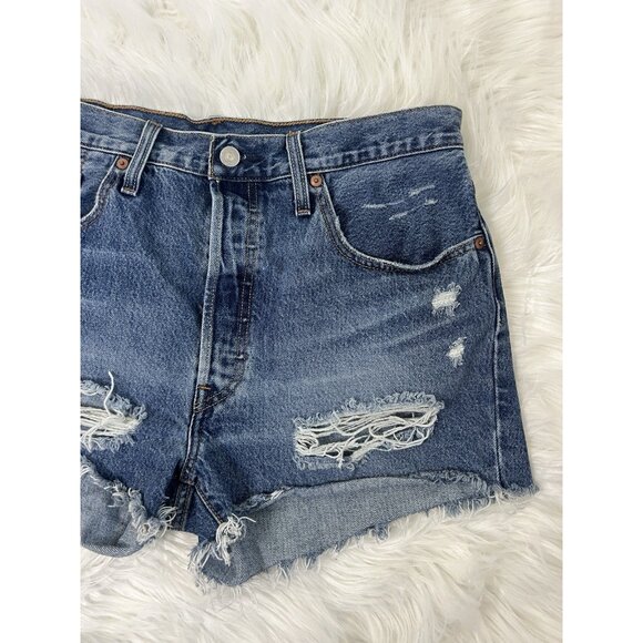 LEVI'S 501 ORIGINAL Womens Size 32 Distressed Denim Cut Off Shorts Raw Hem - Picture 8 of 11